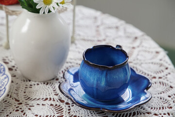 Drink blue tableware on the table