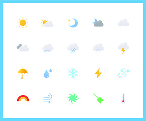 Weather Color and Gradient icons. Sun, Cloud, Moon, Fog, Rain, Snow. Set of Storm, Climate symbols drawn with thin contour lines. Vector illustration.