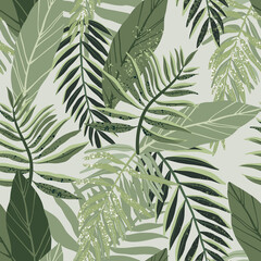 Seamless tropical pattern with exotic palm leaves and various plants on light background.