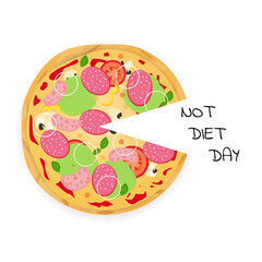 International No Diet Day. Bright, tasty pizza with sausage and vegetables. Fast food. Flat vector illustration.