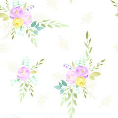 Pink, yellow rose with silver dollar tree leaves. Seamless pattern. Vector illustration.