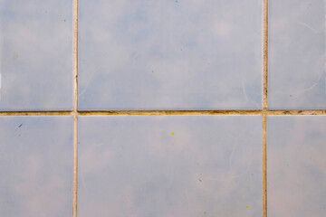 Dirty old joints between the tiles in the bathroom. Toxic mold and yellowness of the inter-tile seams in the bathroom before cleaning.