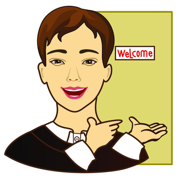 emoticon with cool man that sign invites you to enter the door that says Welcome, vector color clip art on white isolated background