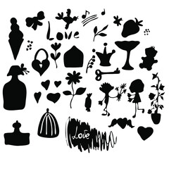 Hand drawn Valentine's Day objects. Cute silhouette elements isolated on white.