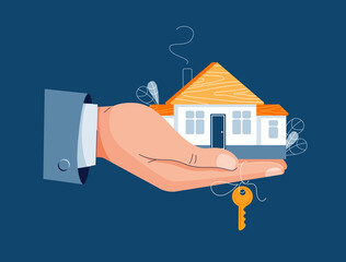 Fototapeta na wymiar Buy a house concept. Man holding a house and key in hand. Deal sale, property purchase, real estate agency, mortgage loan, buy a home for web, banner, emailing design. Modern flat vector illustration