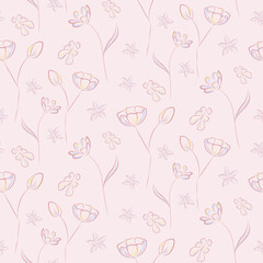 Fototapeta na wymiar Subtle seamless pattern with butterflies and flowers on pink background. Cute floral print. Botanical backdrop for textile, fabric, wallpaper, wrapping paper and decorating.