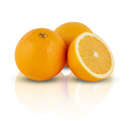 orange slice cut in half mirror shadows reflections isolated on white​ background​ with​ clipping​ path​