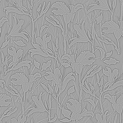 Monochrome seamless picture of garden lilies with stems and leaves on a silver background with shadows. Picture for the background of the cover of a notebook, postcard, wallpaper, textile.