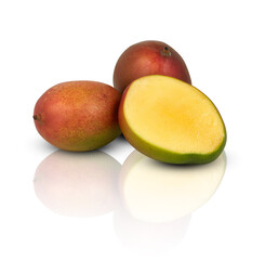 mango slice cut in half mirror shadows reflections isolated on white​ background​ with​ clipping​ path​