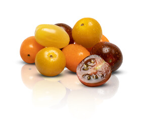 colorful brown yellow red orange tomatoes on a white background mirror shadows reflections isolated with clipping ​path​