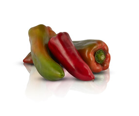 red and yellow green peppers Mirror shadows reflections isolated on white​ background​ with clipping path​