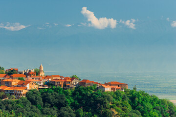 Fototapeta na wymiar The view on Signagi and Alazani valley, Georgia. Sighnaghi city of love in Georgia, Kakheti region