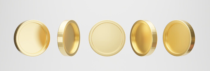 Fototapeta na wymiar Set of golden coin in different shape on white background. 3d rendering.