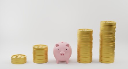 Pink piggy bank and golden coins of growing graph on white background. Saving money and Financial planning concept. 3D rendering.