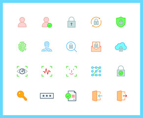 authorization linear icons and color icons. login, logout, password, key, lock. Set of pattern, recognition symbols drawn with thin contour lines. Vector illustration.