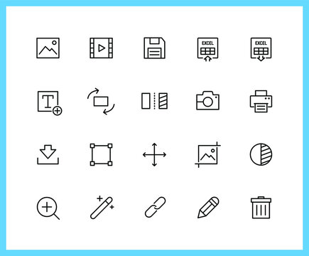 multimedia and editor linear icons and color icons. crop, size, adjustment, flip, printer. Set of text, camera, video symbols drawn with thin contour lines. Vector illustration