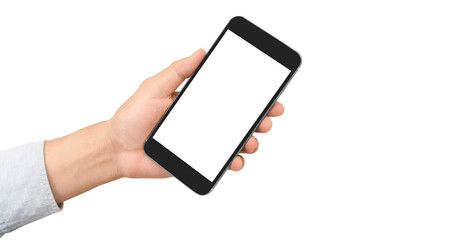 Hand holding smartphone device touching screen