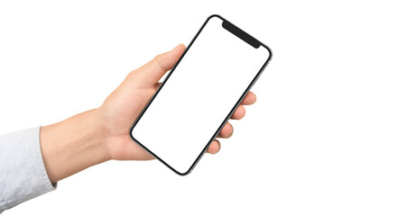 Hand holding smartphone device touching screen