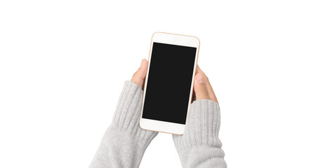 Hand holding smartphone device touching screen