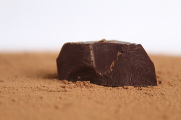 a piece of broken chocolate rests on cocoa day chocolate cooking