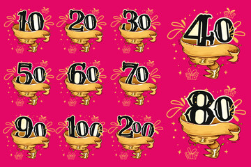 Exclusive number for celebration 10-100. Number set for design. Vector illustration