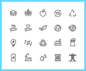 bio industry linear icons and color icons. earth, nature, factory, electric. Set of water,biofuel symbols drawn with thin contour lines. Vector illustration.