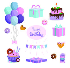 Holiday set. Flags, balloons, cake, cupcake, gift boxes, happy birthday lettering
