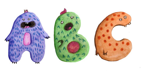 cartoon monster alphabet funny colorful doodle crazy font character illustration watercolor © Yulia Shmeleva