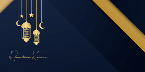 Islamic Blue Gold Holy Month of Ramadan Mubarak Banner with Hanging Colorful Lanterns, Golden Crescent Moon on Blue Textured Background. 