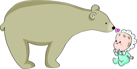 vector cartoon big bear kiss baby
