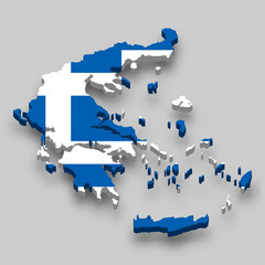 3d isometric Map of Greece with national flag.
