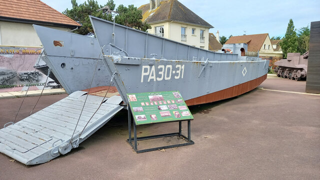 Le Grand Bunker museum with american boat military landing craft in Ouistreham in Normandie