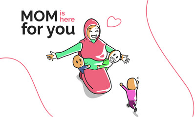 Mother's Day, Illustration Cartoon Cute Character Mom and 3 childern. Happy Mothers Day, Vector Illustration for banner, poster, webpage, landing page, card on the holiday mom