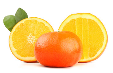 Sliced oranges and tangerine isolated on white