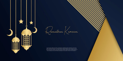 Islamic background Ramadhan theme vector illustration with silhouette of mosque and lantern in flat design. Blue gold abstract ramadan background with golden lines and lantern