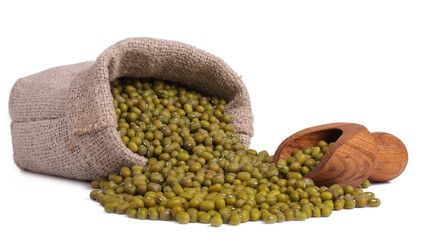 Mung beans in sack on white background