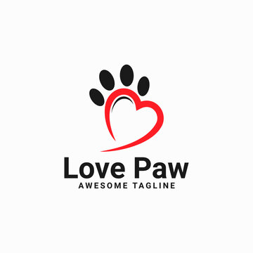 love paw print vector logo illustration. paw print with a heart symbol. cat or dog paw print. veterinary clinic logo. animal care sign.