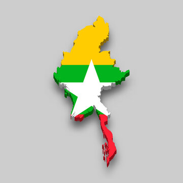 recommend clip art: 3d isometric Map of Myanmar with national flag.