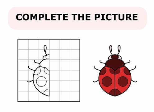 Complete the picture. Coloring book. Educational game for children. Cartoon vector illustration of cute little ladybug.