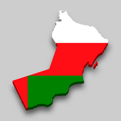 3d isometric Map of Oman with national flag.