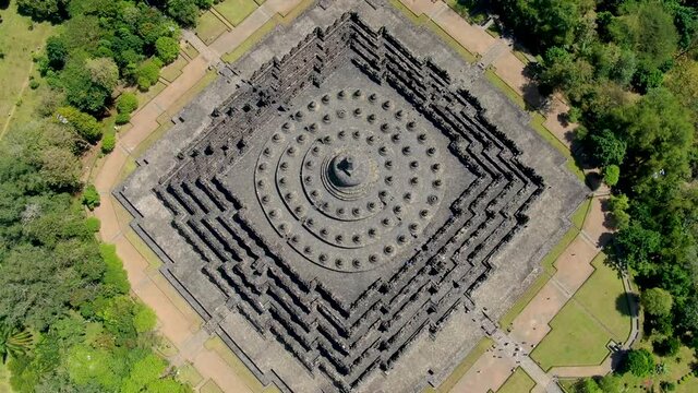 Majestic Borobudur Buddhist Temple on Java, Indonesia, aerial view
