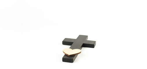 Wooden cross of Jesus. Heart. Death symbol. On a white background