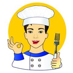 emoticon with gourmet man dressed in chef uniform, that holding a fork in his hand, with great pleasure and showing Italian bellissimo gesture