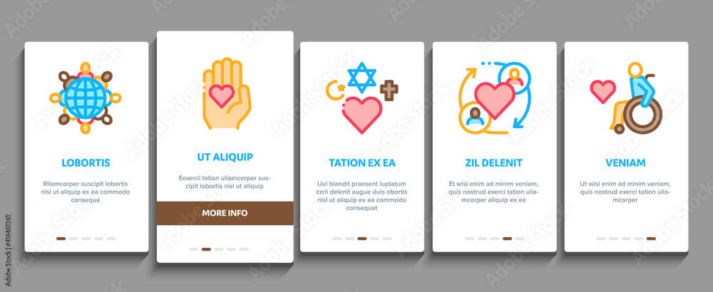 Sticker Tolerance And Equality Onboarding Mobile App Page Screen Vector. Tolerance For Different Religion And Race, People With Disabilities And Gender Illustrations