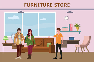 Furniture shop interior mall business. Couple man and woman and assistant buyer. Sofa, chairs, armchairs, bookshelf, plants and decoration. Vector illustration isolated flat cartoon style