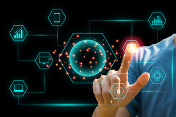 Blockchain concept. Finger touching on transparent Globe and blue hexagonal ring and technology icon on dark background. Big data flow information and cryptocurrency finance.