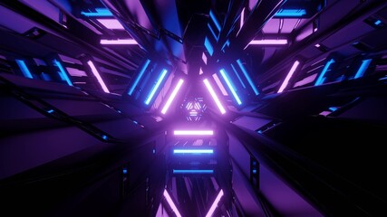 3D illustration of dark cyberspace with blue and purple neon lights