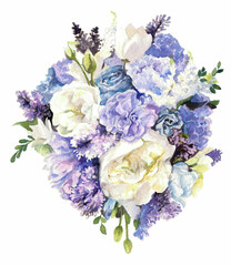 Spring bouquet of  flower lilaces and roses. Watercolor painting