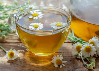 Herbal chamomile tea and chamomile flowers near teapot and tea glass on wooden table. Countryside background.