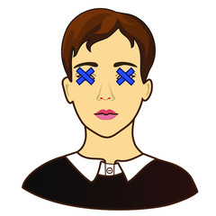 emoji man with x-like dead eyes and neutral face, funny cartoon character with simplistic facial expression, simple hand drawn vector emoticon